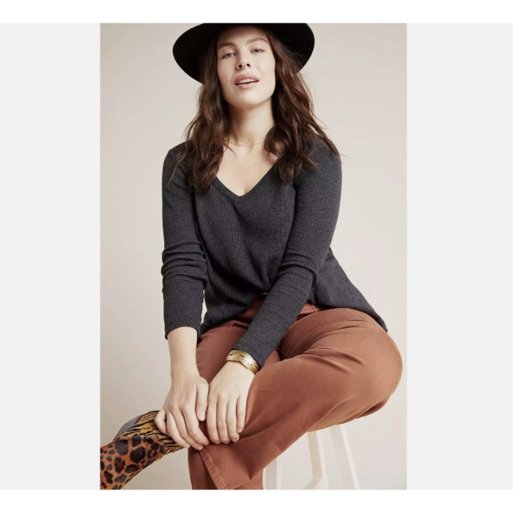 t.la Anthropologie Charcoal Gray V Neck Thermal Long Sleeve Tee Size Small - Picture 2 of 7